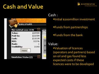 Cash :
Initial $200million investment
Funds from partnerships
Funds from the bank
Value:
Valuation of licences
(operators and partners) based
on oil and gas found less
expected costs if these
licences were to be developed
 