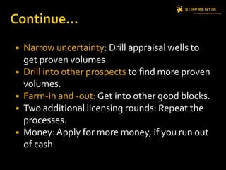  Narrow uncertainty: Drill appraisal wells to
get proven volumes
 Drill into other prospects to find more proven
volumes.
 Farm-in and -out: Get into other good blocks.
 Two additional licensing rounds: Repeat the
processes.
 Money: Apply for more money, if you run out
of cash.
 