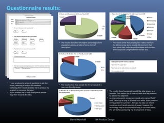 Questionnaire results:
1. Do you currently possess a radio in your household?
5 people
15 people
2. If yes, where do you keep/place the radio in your household?
12 people
4 people
4 people
2 people
5 people 0 people
0 people
3. Would you like the idea of an eco-friendly powered radio?
17 people
3 people
4. If No, please provide reasons, (3 people):
•“Don’t think it’s a good idea.”
•“Don’t listen to the radio at home only in work”.
•“Normal radios are fine”.
5. What ideas do you think would be good to eco-power a radio? Please provide
your answer below:
13 people
2 people
3 people
• I have produced a series of questions to ask the
public, selecting a random 20 members.
Collecting their results enables me to produce my
product to consumer demand.
• It also enables me to look closely what people
may think towards the idea.
• The results show how the higher percentage of the
population possess a radio of some form of
description.
• The results show that people place radios mainly in
the kitchen area. Some people did comment that
they place their radios around windows and counters
within exposed sunlight of their kitchen also.
• The results show how people like the proposal of a
new, eco-friendly design.
• The results show how people would like solar power as a
provider. This means this is how my radio shall be powered
to achieve my objective.
• An interesting point one person raised who marked ‘both’
said: “Wind up as long as it lasted for a while. Solar powered
in the garden for summer “. Perhaps my idea can inherit
numerous eco-friendly sources of power, however the
technology may be to complex to bring in too many ideas;
this will be focused during my development of ideas.
Daniel Marshall BA Product Design
 