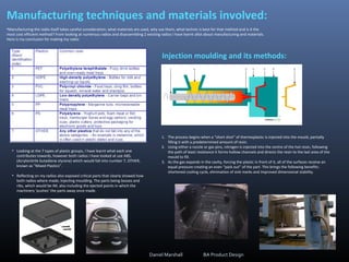 Manufacturing techniques and materials involved:
•Manufacturing the radio itself takes careful consideration; what materials are used, why use them, what technic is best for that method and is it the
most cost efficient method? From looking at numerous radios and disassembling 2 existing radios I have learnt allot about manufacturing and materials.
Here is my conclusion for making my radio:
• Looking at the 7 types of plastic groups, I have learnt what each one
contributes towards, however both radios I have looked at use ABS,
(Acrylonitrile butadiene styrene) which would fall into number 7, OTHER,
known as “Mixed Plastics”.
• Reflecting on my radios also exposed critical parts that clearly showed how
both radios where made; injecting moulding. The parts being bosses and
ribs, which would be IM, also including the ejected points in which the
machinery ‘pushes’ the parts away once made.
Injection moulding and its methods:
1. The process begins when a “short shot” of thermoplastic is injected into the mould, partially
filling it with a predetermined amount of resin.
2. Using either a nozzle or gas pins, nitrogen is injected into the centre of the hot resin, following
the path of least resistance it forms hollow channels and directs the resin to the last area of the
mould to fill.
3. As the gas expands in the cavity, forcing the plastic in front of it, all of the surfaces receive an
equal pressure creating an even “pack out” of the part. This brings the following benefits:
shortened cooling cycle, elimination of sink marks and improved dimensional stability.
Daniel Marshall BA Product Design
 