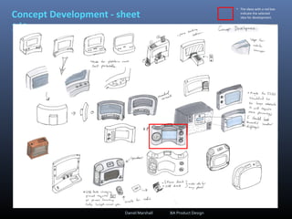 Concept Development - sheet
1/4:
• The ideas with a red box
indicate the selected
idea for development.
Daniel Marshall BA Product Design
 