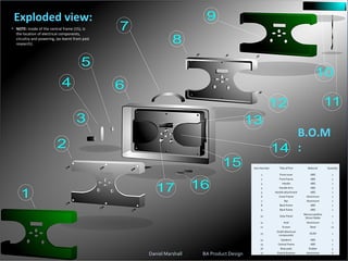 Exploded view:
Daniel Marshall BA Product Design
Item Number Title of Part Material Quantity
1 Front cover ABS 1
2 Front frame ABS 1
3 Handle ABS 1
4 Handle Arm ABS 1
5 Handle attachment ABS 1
6 Cover Frame Aluminium 1
7 Bar Aluminium 1
8 Back frame ABS 1
9 Back frame ABS 1
10 Solar Panel
Monocrystalline
Silicon Wafer
1
11 Ariel Aluminium 1
12 Screws Steel 12
13
OLED (Electrical
compounds)
OLED 1
14 Speakers ABS 2
15 Central Frame ABS 1
16 Base pads Rubber 4
17 Dials & Buttons Aluminium 6
B.O.M
:
• NOTE: Inside of the central frame (15), Is
the location of electrical components,
circuitry and powering, (as learnt from past
research).
 