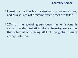 Forestry Sector

 Forests can act as both a sink (absorbing emissions)
  and as a sources of emission when trees are felled.

 20% of the global greenhouse gas emissions is
  caused by deforestation alone, forestry sector has
  the potential of offering 20% of the global climate
  change solution.
 
