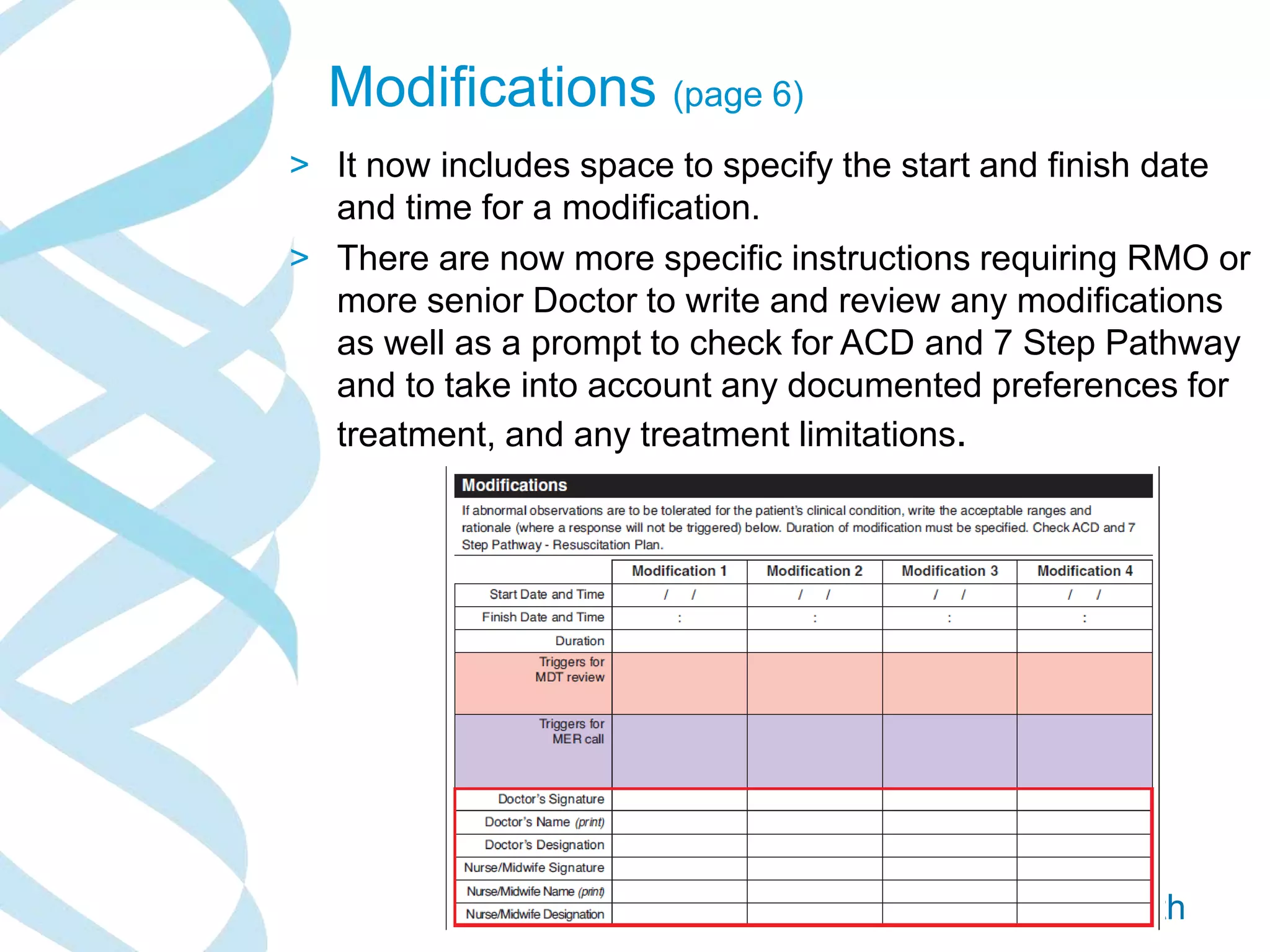 SA Health
Modifications (page 6)
> It now includes space to specify the start and finish date
and time for a modification.
> There are now more specific instructions requiring RMO or
more senior Doctor to write and review any modifications
as well as a prompt to check for ACD and 7 Step Pathway
and to take into account any documented preferences for
treatment, and any treatment limitations.
 