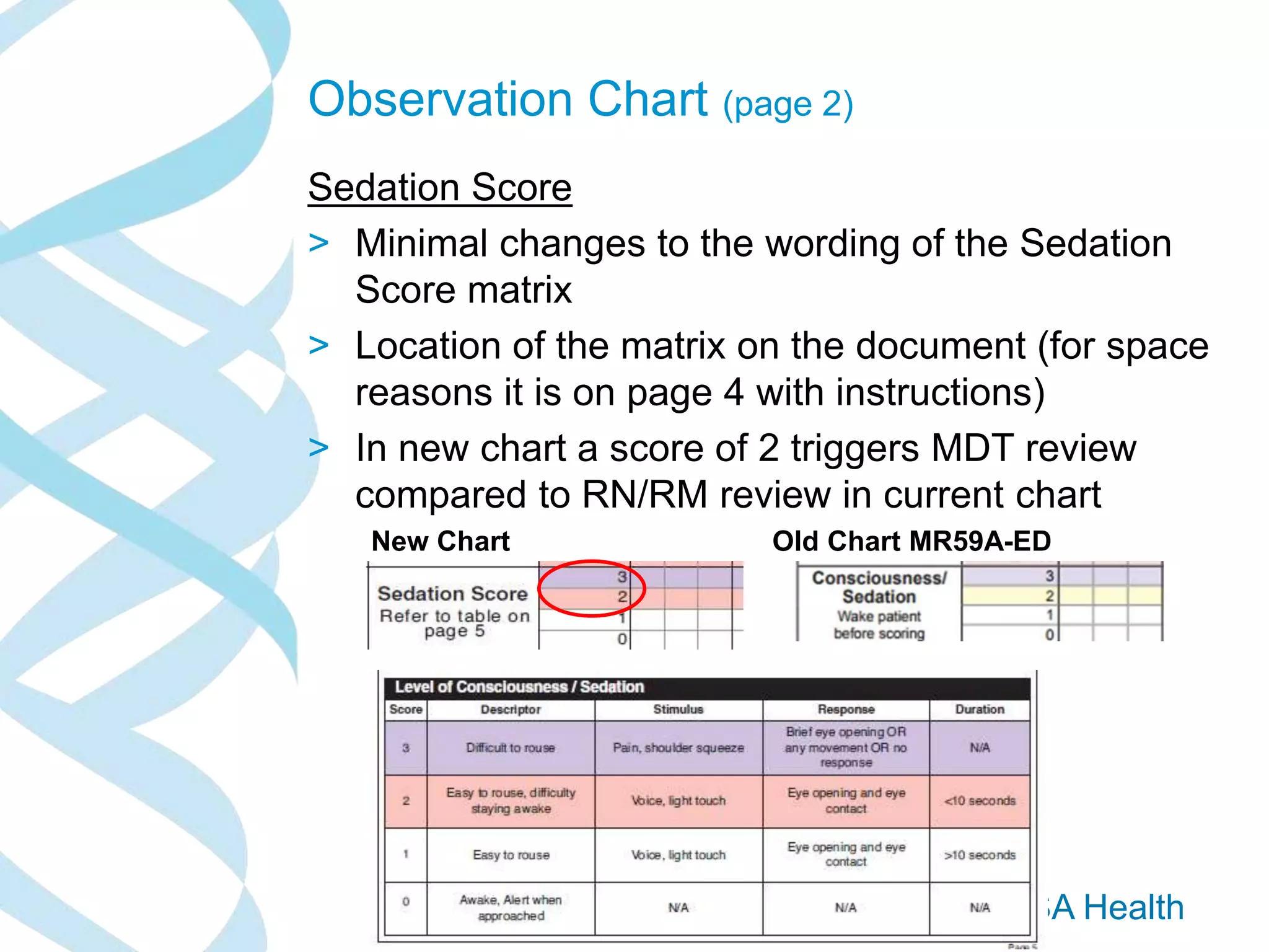 SA Health
Observation Chart (page 2)
Sedation Score
> Minimal changes to the wording of the Sedation
Score matrix
> Location of the matrix on the document (for space
reasons it is on page 4 with instructions)
> In new chart a score of 2 triggers MDT review
compared to RN/RM review in current chart
New Chart Old Chart MR59A-ED
 
