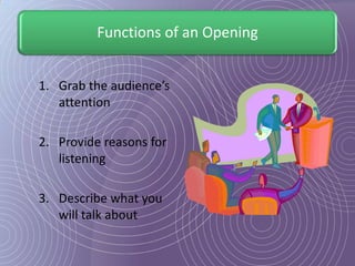 Functions of an Opening


1. Grab the audience’s
   attention

2. Provide reasons for
   listening

3. Describe what you
   will talk about
 