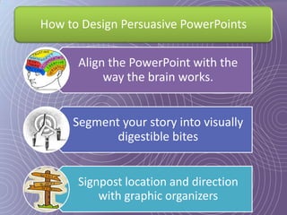 How to Design Persuasive PowerPoints

      Align the PowerPoint with the
           way the brain works.


     Segment your story into visually
            digestible bites


      Signpost location and direction
          with graphic organizers
 