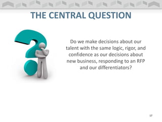 THE CENTRAL QUESTION
17
Do we make decisions about our
talent with the same logic, rigor, and
confidence as our decisions about
new business, responding to an RFP
and our differentiators?
 