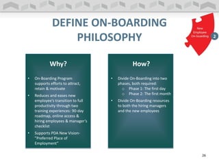 DEFINE ON-BOARDING
PHILOSOPHY
Why? How?
• On-Boarding Program
supports efforts to attract,
retain & motivate
• Reduces and eases new
employee’s transition to full
productivity through two
training experiences: 90-day
roadmap, online access &
hiring employees & manager’s
checklist
• Supports PDA New Vision-
”Preferred Place of
Employment”
• Divide On-Boarding into two
phases, both required:
o Phase 1: The first day
o Phase 2: The first month
• Divide On-Boarding resources
to both the hiring managers
and the new employees
26
 