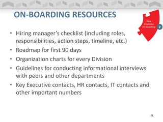 • Hiring manager’s checklist (including roles,
responsibilities, action steps, timeline, etc.)
• Roadmap for first 90 days
• Organization charts for every Division
• Guidelines for conducting informational interviews
with peers and other departments
• Key Executive contacts, HR contacts, IT contacts and
other important numbers
ON-BOARDING RESOURCES
27
 
