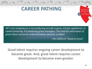 CAREER PATHING
GE’s core competence is not producing aircraft engines, kitchen appliances, or
capital financing. It’s producing great managers. The need for and impact of
great talent cannot be underestimated, ignored, or faked.
~Jim Collins in “Good to Great”
Good talent requires ongoing career development to
become great. And, great talent requires career
development to become even greater.
39
 