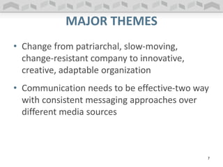 MAJOR THEMES
• Change from patriarchal, slow-moving,
change-resistant company to innovative,
creative, adaptable organization
• Communication needs to be effective-two way
with consistent messaging approaches over
different media sources
7
 