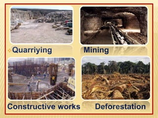 Quarriying Mining
Constructive works Deforestation
