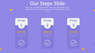 Step
1
HEADING
Here Add Some
Own Text of
Yours
Step
2
HEADING
Here Add Some
Own Text of
Yours
Step
3
HEADING
Here Add Some
Own Text of
Yours
Our Steps Slide
Here You can Add Some Brief Text That will Explain Your
Tittle This is Just a Demo Text So You Can Replace These
Texts
 