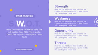 S.W.O.T.
SWOT ANALYSIS
Here You can Add Some Brief Text That
will Explain Your Tittle This is Just a
Demo Text So You Can Replace These
Texts
Strength
Here You can Add Some Brief Text That will
Explain Your Tittle This is Just a Demo Text So
You Can Replace These Texts
Weakness
Here You can Add Some Brief Text That will
Explain Your Tittle This is Just a Demo Text So
You Can Replace These Texts
Opportunity
Here You can Add Some Brief Text That will
Explain Your Tittle This is Just a Demo Text So
You Can Replace These Texts
Threats
Here You can Add Some Brief Text That will
Explain Your Tittle This is Just a Demo Text So
You Can Replace These Texts
POWERPOINT SCHOOL
 