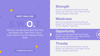 S.W.O.T.
SWOT ANALYSIS
Here You can Add Some Brief Text That
will Explain Your Tittle This is Just a
Demo Text So You Can Replace These
Texts
Strength
Here You can Add Some Brief Text That will
Explain Your Tittle This is Just a Demo Text So
You Can Replace These Texts
Weakness
Here You can Add Some Brief Text That will
Explain Your Tittle This is Just a Demo Text So
You Can Replace These Texts
Opportunity
Here You can Add Some Brief Text That will
Explain Your Tittle This is Just a Demo Text So
You Can Replace These Texts
Threats
Here You can Add Some Brief Text That will
Explain Your Tittle This is Just a Demo Text So
You Can Replace These Texts
POWERPOINT SCHOOL
 