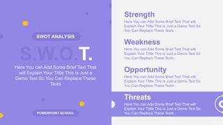 S.W.O.T.
SWOT ANALYSIS
Here You can Add Some Brief Text That
will Explain Your Tittle This is Just a
Demo Text So You Can Replace These
Texts
Strength
Here You can Add Some Brief Text That will
Explain Your Tittle This is Just a Demo Text So
You Can Replace These Texts
Weakness
Here You can Add Some Brief Text That will
Explain Your Tittle This is Just a Demo Text So
You Can Replace These Texts
Opportunity
Here You can Add Some Brief Text That will
Explain Your Tittle This is Just a Demo Text So
You Can Replace These Texts
Threats
Here You can Add Some Brief Text That will
Explain Your Tittle This is Just a Demo Text So
You Can Replace These Texts
POWERPOINT SCHOOL
 