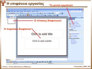 Η επιφάνεια εργασίας                              Το μενού εργασιών




                                                 Ο πίνακας διαφανειών


      Η παρούσα διαφάνεια




Παν. Κύπρου – Κέντρο Διδασκαλίας και Μάθησης.2                                  © Θεοχαρίδης, ΗΜΜΥ, 2007
 