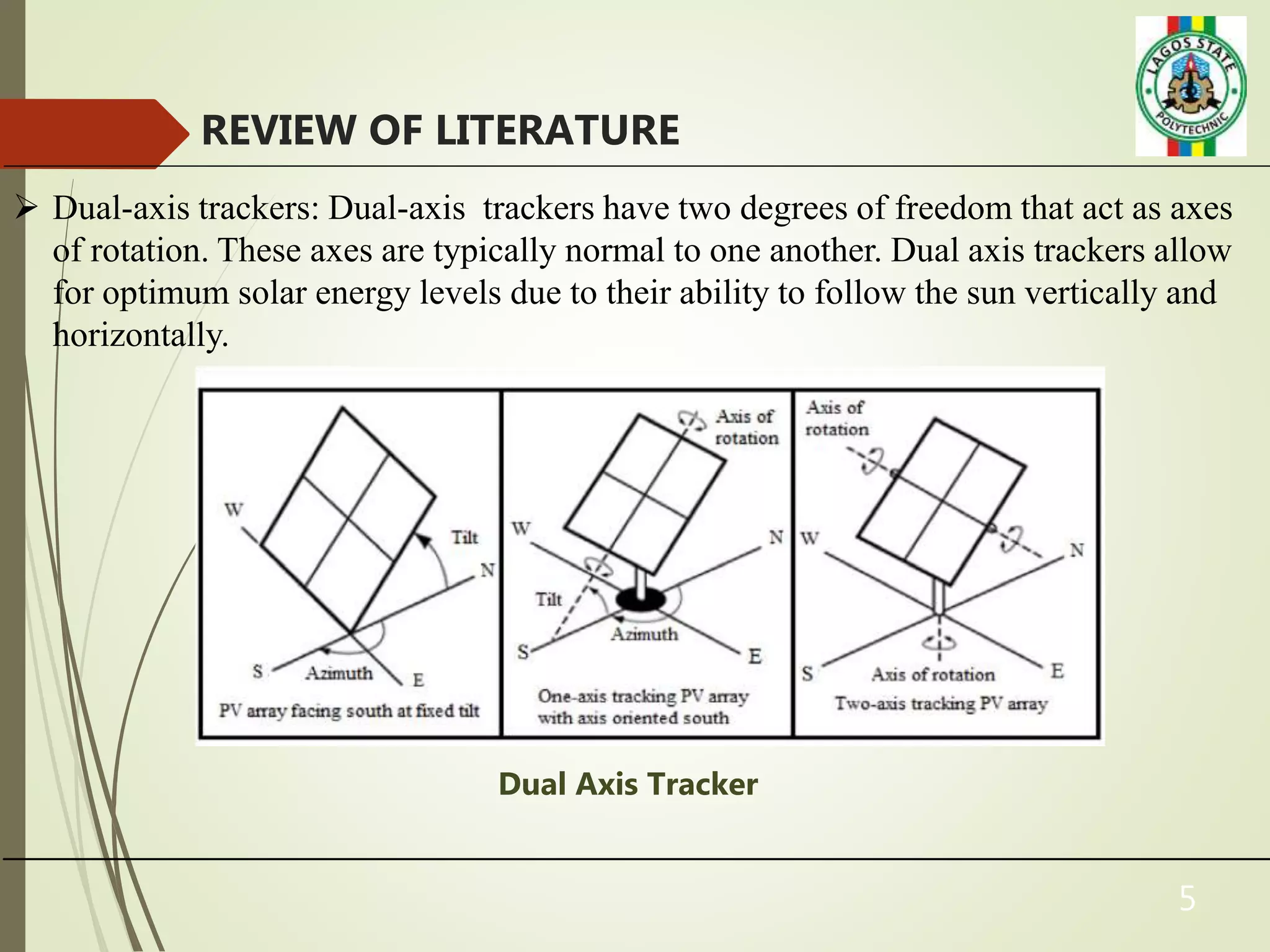 5
REVIEW OF LITERATURE
 Dual-axis trackers: Dual-axis trackers have two degrees of freedom that act as axes
of rotation. These axes are typically normal to one another. Dual axis trackers allow
for optimum solar energy levels due to their ability to follow the sun vertically and
horizontally.
Dual Axis Tracker
 