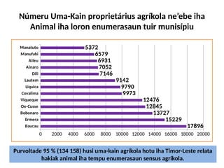 Númeru Uma-Kain proprietárius agríkola ne’ebe iha
Animal iha loron enumerasaun tuir munisípiu
Baucau
Ermera
Bobonaro
Oe-Cusse
Viqueque
Covalima
Liquica
Lautem
Dili
Ainaro
Aileu
Manufahi
Manatuto
0 2000 4000 6000 8000 10000 12000 14000 16000 18000 20000
17896
15229
13727
12845
12476
9973
9790
9142
7146
7052
6931
6579
5372
Purvoltade 95 % (134 158) husi uma-kain agríkola hotu iha Timor-Leste relata
hakiak animal iha tempu enumerasaun sensus agríkola.
 