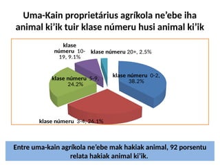 Uma-Kain proprietárius agríkola ne’ebe iha
animal ki’ik tuir klase númeru husi animal ki’ik
klase númeru 0-2,
38.2%
klase númeru 3-4, 26.1%
klase númeru 5-9,
24.2%
klase
númeru 10-
19, 9.1%
klase númeru 20+, 2.5%
Entre uma-kain agríkola ne’ebe mak hakiak animal, 92 porsentu
relata hakiak animal ki’ik.
 
