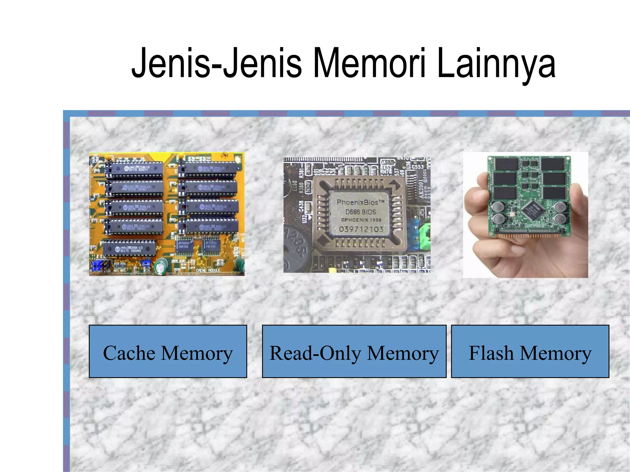 Jenis-Jenis Memori Lainnya Cache Memory Read-Only Memory Flash Memory 