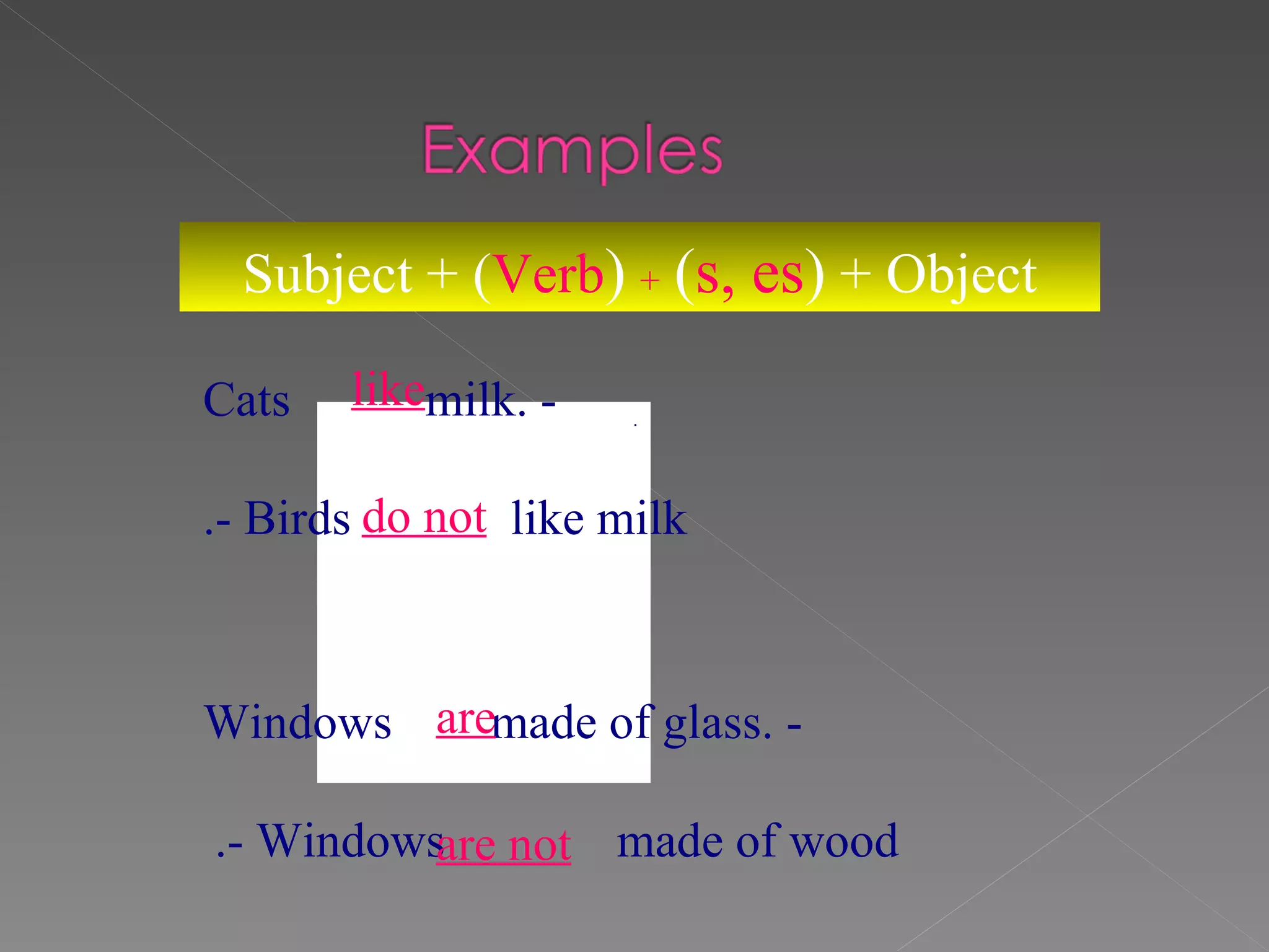 - Cats  milk. - Birds  like milk. - Windows  made of glass. - Windows  made of wood.   Subject + ( Verb )   +   ( s, es )  + Object like do not are are not . 