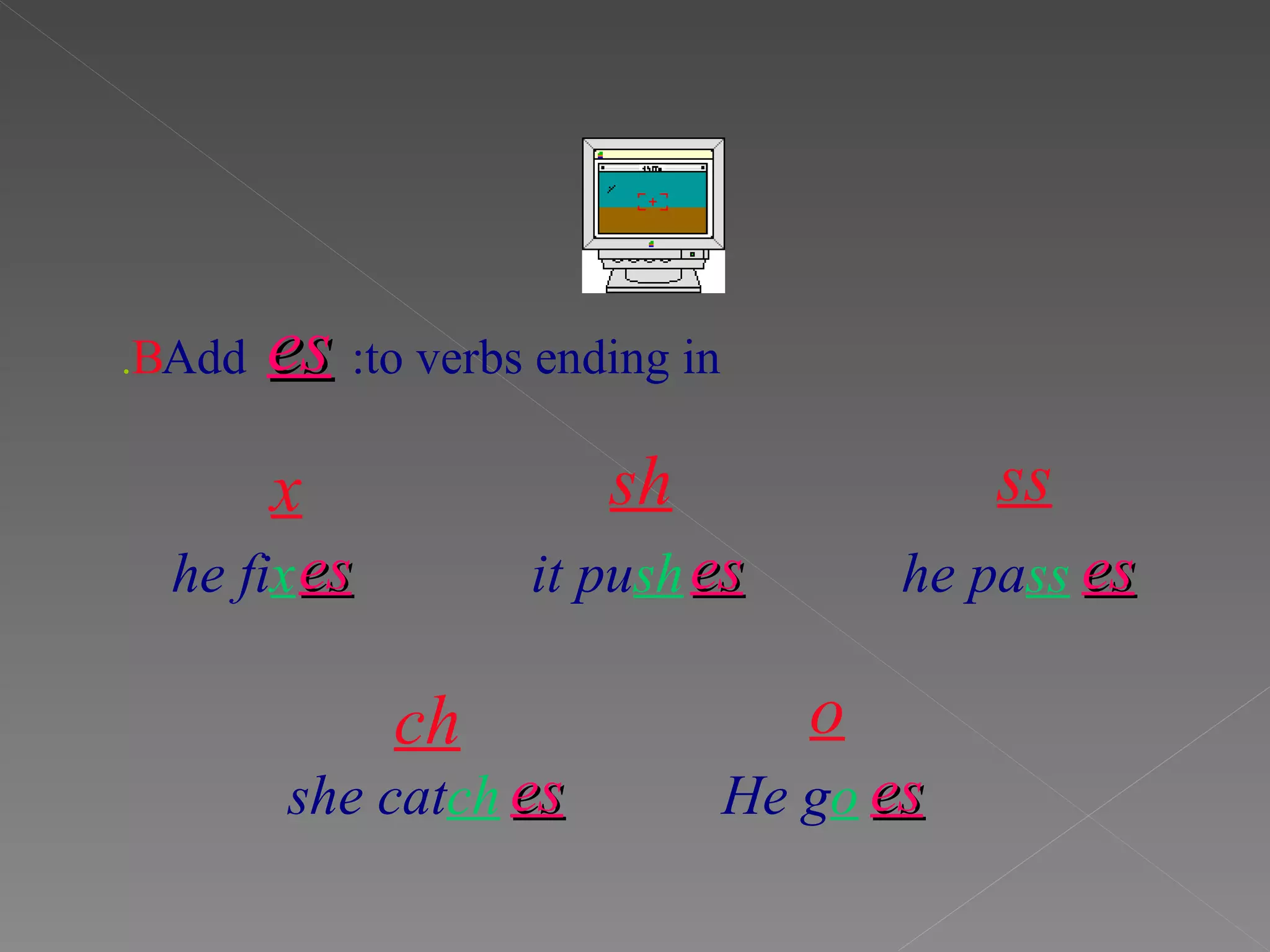 Add es to verbs ending in: ss x sh ch he pa ss she cat ch he fi x it pu sh B .   o es es es es He g o es 