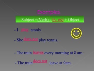 - I  tennis.  -   She  play tennis. - The   train  every morning at 8 am.   -   The train  leave at 9am. Subject +  (Verb )   +   (s, es)  + Object play does not leaves does not 