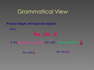 Present Simple, third person singular Note: he, she, it in the  third person singular  the verb, always ends in   : s he want s she need s A : 