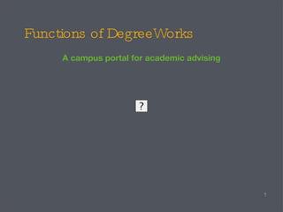 Functions of DegreeWorks A campus portal for academic advising 