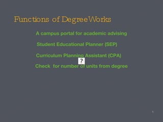 Functions of DegreeWorks A campus portal for academic advising Check  for number of units from degree Student Educational Planner (SEP) Curriculum Planning Assistant (CPA) 