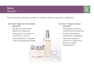 Serox 
Продукти 
Изключителните активни съставки на серума и крема се допълват перфектно. 
Стъпка 1: Серум за бърз 
резултат 
• Осигурява на кожата 
изключителни вещества 
• Кожата изглежда по- 
еластична и освежена 
• Нанесете серума в 
областта с мимически 
бръчки и нежно 
масажирайте 
Стъпка 2: Крем за интензивен 
резултат 
• Дълбоките мимически 
бръчки са намалени 
• Структурата на кожата е 
по-силна и стегната 
• След нанасяне на серума 
нежно масажирайте крема 
 