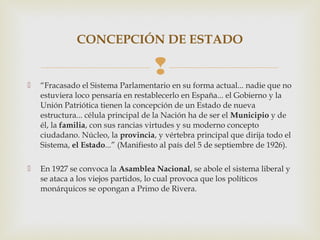 CONCEPCIÓN DE ESTADO

                                    
   “Fracasado el Sistema Parlamentario en su forma actual... nadie que no
    estuviera loco pensaría en restablecerlo en España... el Gobierno y la
    Unión Patriótica tienen la concepción de un Estado de nueva
    estructura... célula principal de la Nación ha de ser el Municipio y de
    él, la familia, con sus rancias virtudes y su moderno concepto
    ciudadano. Núcleo, la provincia, y vértebra principal que dirija todo el
    Sistema, el Estado...” (Manifiesto al país del 5 de septiembre de 1926).

   En 1927 se convoca la Asamblea Nacional, se abole el sistema liberal y
    se ataca a los viejos partidos, lo cual provoca que los políticos
    monárquicos se opongan a Primo de Rivera.
 