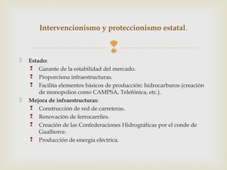 Intervencionismo y proteccionismo estatal.

                                  
   Estado:
     Garante de la estabilidad del mercado.
     Proporciona infraestructuras.
     Facilita elementos básicos de producción: hidrocarburos (creación
        de monopolios como CAMPSA, Telefónica, etc.).
   Mejora de infraestructuras:
     Construcción de red de carreteras.
     Renovación de ferrocarriles.
     Creación de las Confederaciones Hidrográficas por el conde de
        Gualhorce.
     Producción de energía eléctrica.
 
