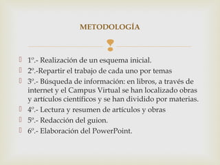 METODOLOGÍA

                           
 1º.- Realización de un esquema inicial.
 2º.-Repartir el trabajo de cada uno por temas
 3º.- Búsqueda de información: en libros, a través de
  internet y el Campus Virtual se han localizado obras
  y artículos científicos y se han dividido por materias.
 4º.- Lectura y resumen de artículos y obras
 5º.- Redacción del guion.
 6º.- Elaboración del PowerPoint.
 