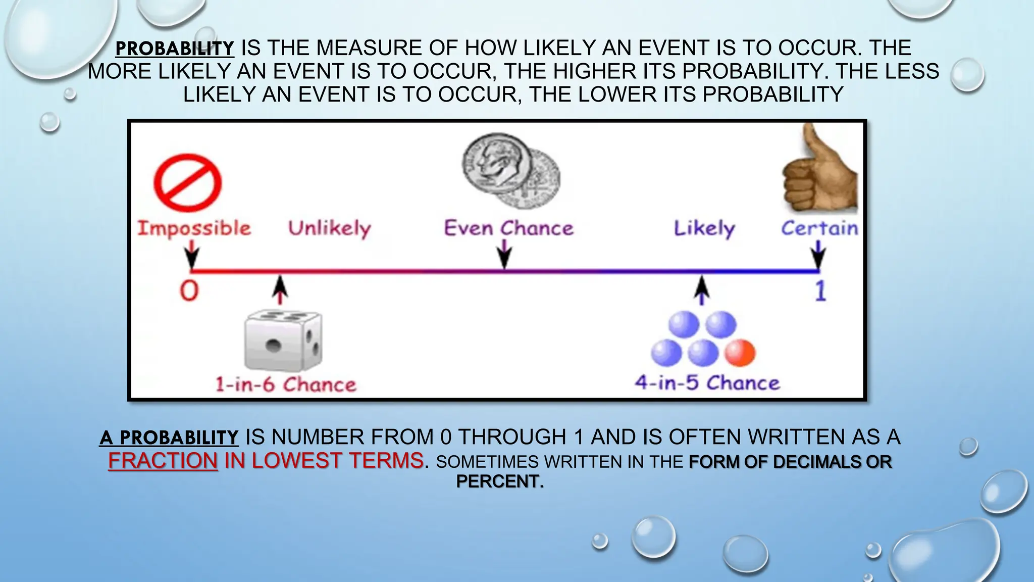 PROBABILITY IS THE MEASURE OF HOW LIKELY AN EVENT IS TO OCCUR. THE
MORE LIKELY AN EVENT IS TO OCCUR, THE HIGHER ITS PROBABILITY. THE LESS
LIKELY AN EVENT IS TO OCCUR, THE LOWER ITS PROBABILITY
A PROBABILITY IS NUMBER FROM 0 THROUGH 1 AND IS OFTEN WRITTEN AS A
FRACTION IN LOWEST TERMS. SOMETIMES WRITTEN IN THE FORM OF DECIMALS OR
PERCENT.
 