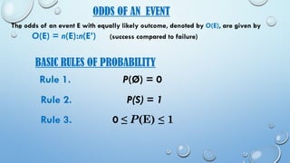 BASIC RULES OF PROBABILITY
Rule 3. 0 ≤ P(E) ≤ 1
Rule 2. P(S) = 1
Rule 1. P(Ø) = 0
ODDS OF AN EVENT
The odds of an event E with equally likely outcome, denoted by O(E), are given by
O(E) = n(E):n(E’) (success compared to failure)
 