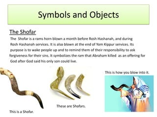 Symbols and ObjectsThe Shofar The  Shofar is a rams horn blown a month before Rosh Hashanah, and during Rosh Hashanah services. It is also blown at the end of Yom Kippur services. Its purpose is to wake people up and to remind them of their responsibility to ask forgiveness for their sins. It symbolizes the ram that Abraham killed  as an offering for God after God said his only son could live.			 			                   This is how you blow into it.				These are Shofars.This is a Shofar.