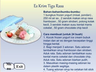 Es Krim Tiga Rasa
Bahan-bahan/bumbu-bumbu:
1 bungkus frozen yogurt (misal, pondan) ,
250 ml air es , 2 sendok makan sirup rasa
frambozen , 50 gram stroberi, potong kotak
kecil, 3 sendok makan susu kental manis
cokelat , 50 gram chocolate chip kecil
Cara membuat (untuk 24 buah)
1. Kocok frozen yogurt ice cream bubuk
instan dan air es dengan kecepatan tinggi
hingga kental.
2. Bagi menjadi 3 adonan. Satu adonan
tambahkan sirup frambozen dan stroberi.
Aduk rata. Satu adonan tambahkan susu
kental manis cokelat dan chocolate chip.
Aduk rata. Satu adonan biarkan putih.
3. Masukkan masing-masing adonan ke
dalam plastik segitiga.
4. Tuang adonan sirup ke cetakan loli stick
Me
nu
Exit
 
