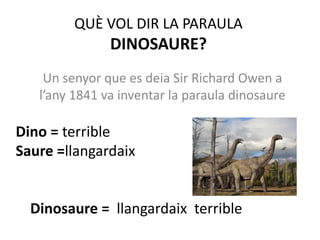 QUÈ VOL DIR LA PARAULA DINOSAURE? Un senyor que es deia Sir Richard Owen a l’any 1841 va inventar la paraula dinosaure Dino = terribleSaure =llangardaixDinosaure =  llangardaix  terrible