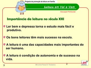 3EB1/JI de Tamel S. Veríssimo
Ler bem e depressa torna o estudo mais fácil e
produtivo.
Os bons leitores têm mais sucesso na escola.
A leitura é uma das capacidades mais importantes do
ser humano.
A leitura é condição de autonomia e de sucesso na
vida.
Leitura em Vai e Vem
Projecto de promoção de leitura em família
Educação Pré-Escolar
Importância da leitura no século XXI
3
 