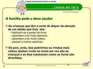 6EB1/JI de Tamel S. Veríssimo
Leitura em Vai e
Vem
Projecto de promoção de leitura em família
Educação Pré-Escolar
A família pode e deve ajudar
As crianças que têm a sorte de dispor da atenção
de um adulto que lhes leia:
- habituam-se a gostar de livros
- aprendem a ler mais depressa
- aprendem a ler muito melhor
- passam a treinar sozinhas
Os pais, avós, tios padrinhos ou irmãos mais
velhos ajudam muito se lerem em voz alta às
crianças e se lhes mostrarem como os livros são
divertidos.
Projecto de promoção de leitura em família
6
 