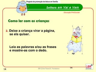 14EB1/JI de Tamel S. Veríssimo
2. Deixe a criança virar a página,
se ela quiser.
Leia as palavras e/ou as frases
e mostre-as com o dedo.
Leitura em Vai e Vem
Educação Pré-Escolar
Como ler com as crianças
Projecto de promoção de leitura em família
14
 