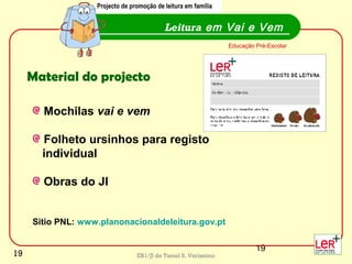 19
EB1/JI de Tamel S. Veríssimo
Leitura em Vai e Vem
Educação Pré-Escolar
Material do projecto
Mochilas vai e vem
Folheto ursinhos para registo
individual
Obras do JI
Sitio PNL: www.planonacionaldeleitura.gov.pt
Projecto de promoção de leitura em família
19
 