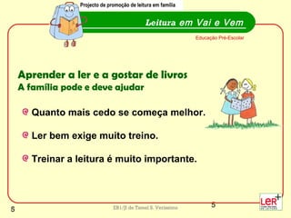 5EB1/JI de Tamel S. Veríssimo
Leitura em Vai e Vem
Projecto de promoção de leitura em família
Educação Pré-Escolar
Aprender a ler e a gostar de livros
A família pode e deve ajudar
Quanto mais cedo se começa melhor.
Ler bem exige muito treino.
Treinar a leitura é muito importante.
Projecto de promoção de leitura em família
5
 