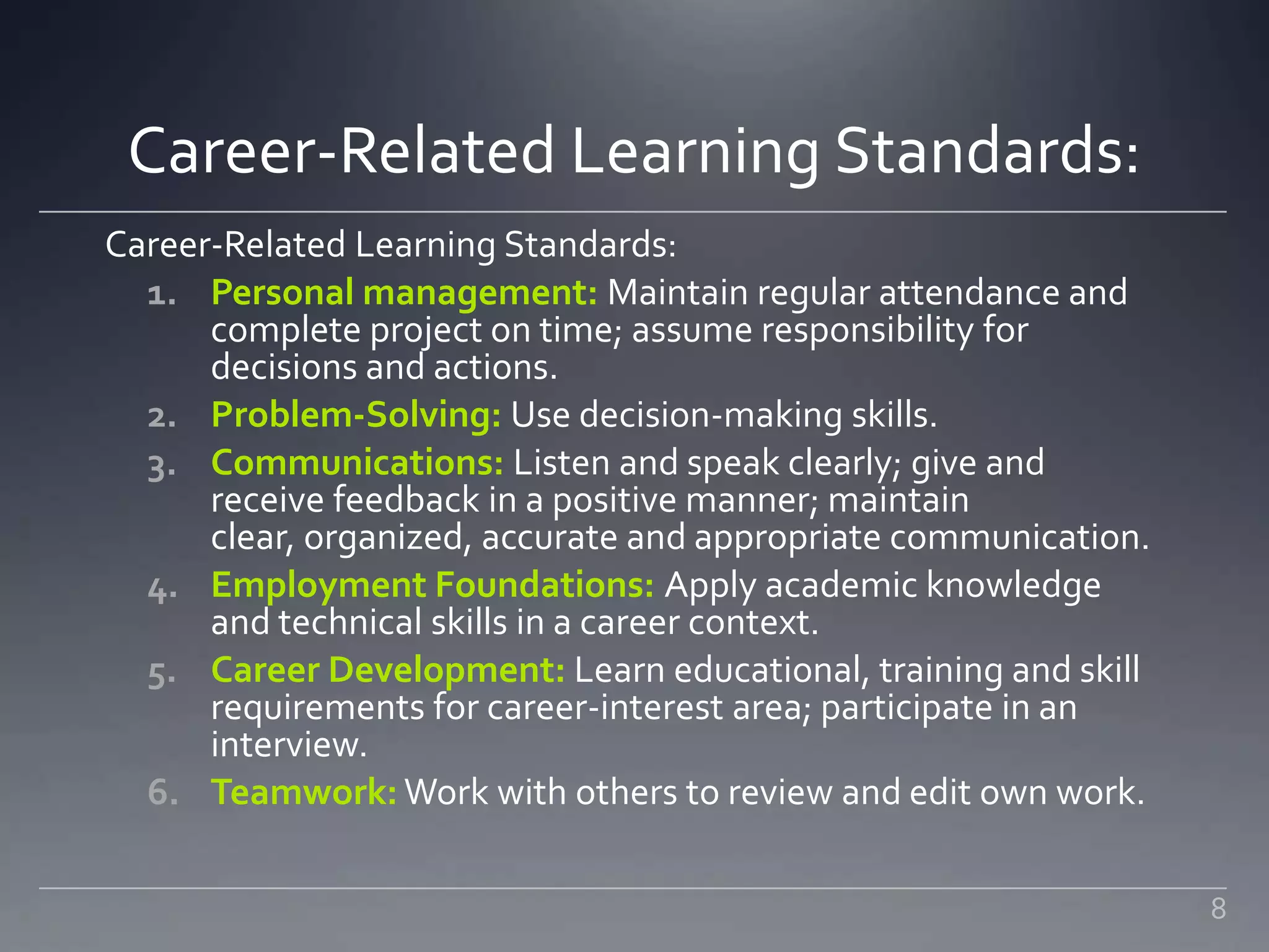 Career-Related Learning Standards:
Career-Related Learning Standards:
1. Personal management: Maintain regular attendance and
complete project on time; assume responsibility for
decisions and actions.
2. Problem-Solving: Use decision-making skills.
3. Communications: Listen and speak clearly; give and
receive feedback in a positive manner; maintain
clear, organized, accurate and appropriate communication.
4. Employment Foundations: Apply academic knowledge
and technical skills in a career context.
5. Career Development: Learn educational, training and skill
requirements for career-interest area; participate in an
interview.
6. Teamwork: Work with others to review and edit own work.
8
 