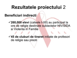 Rezultatele proiectului   2 Beneficiari indirecti 260,000 elevi  (calsele I-XII) au participat la ore de religie destinate subiectelor HIV/SIDA si Violenta in Familie 45 de cluburi de tineret  initiate de profesori de religie sau preoti 