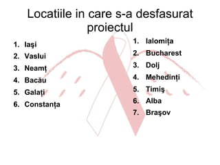 Locatiile in care s-a desfasurat proiectul Iaşi Vaslui Neamţ  Bacău  Galaţi  Constanţa Ialomiţa Bucharest  Dolj Mehedinţi Timiş  Alba  Bra şov   