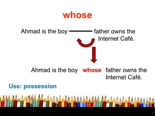 5
whose
Ahmad is the boy father owns the
Internet Café.
.
Ahmad is the boy whose father owns the
Internet Café.
Use: possession
 